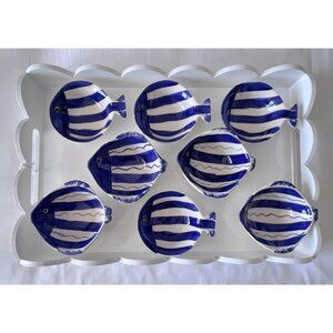 La Tavola Fish Snack Bowls Handmade Blue & White Set of 8 Made in ITALY Nautical